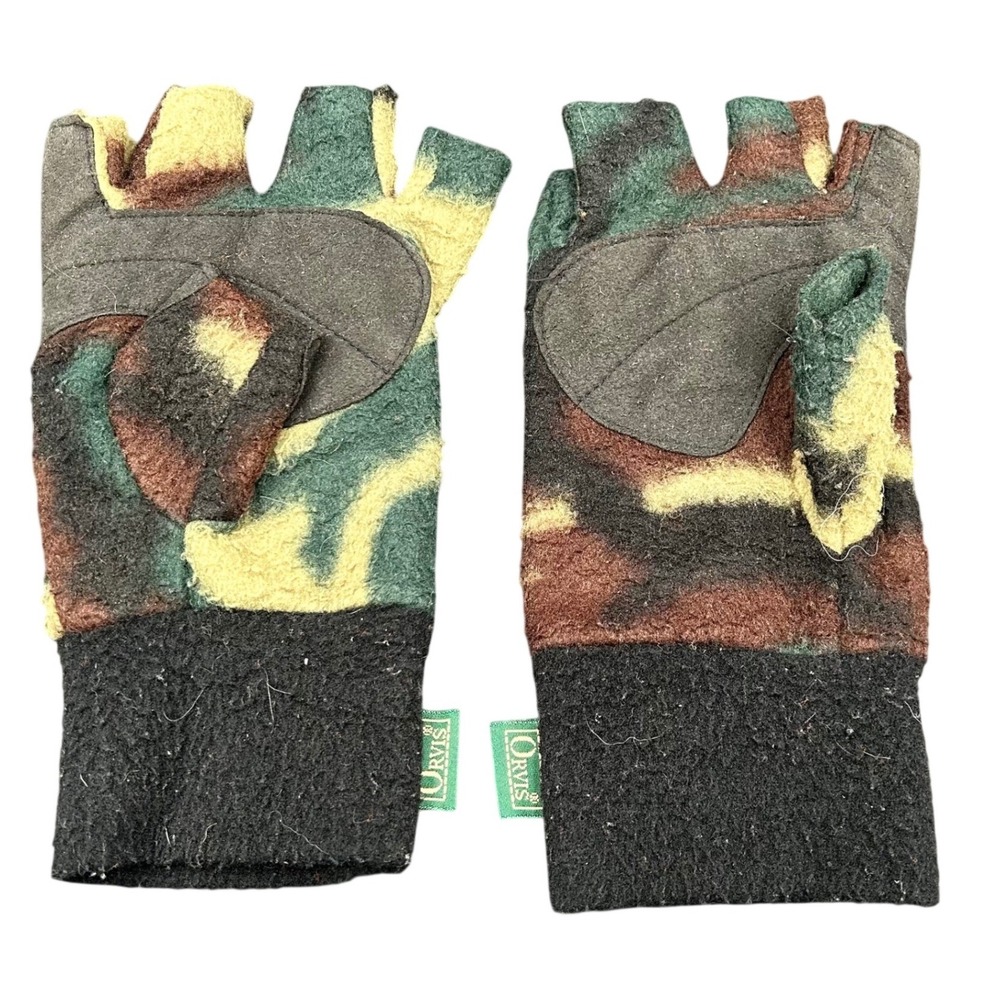Orvis Mens XL Camouflage‎ Fleece Fingerless Gloves Made in USA Woodland Camo